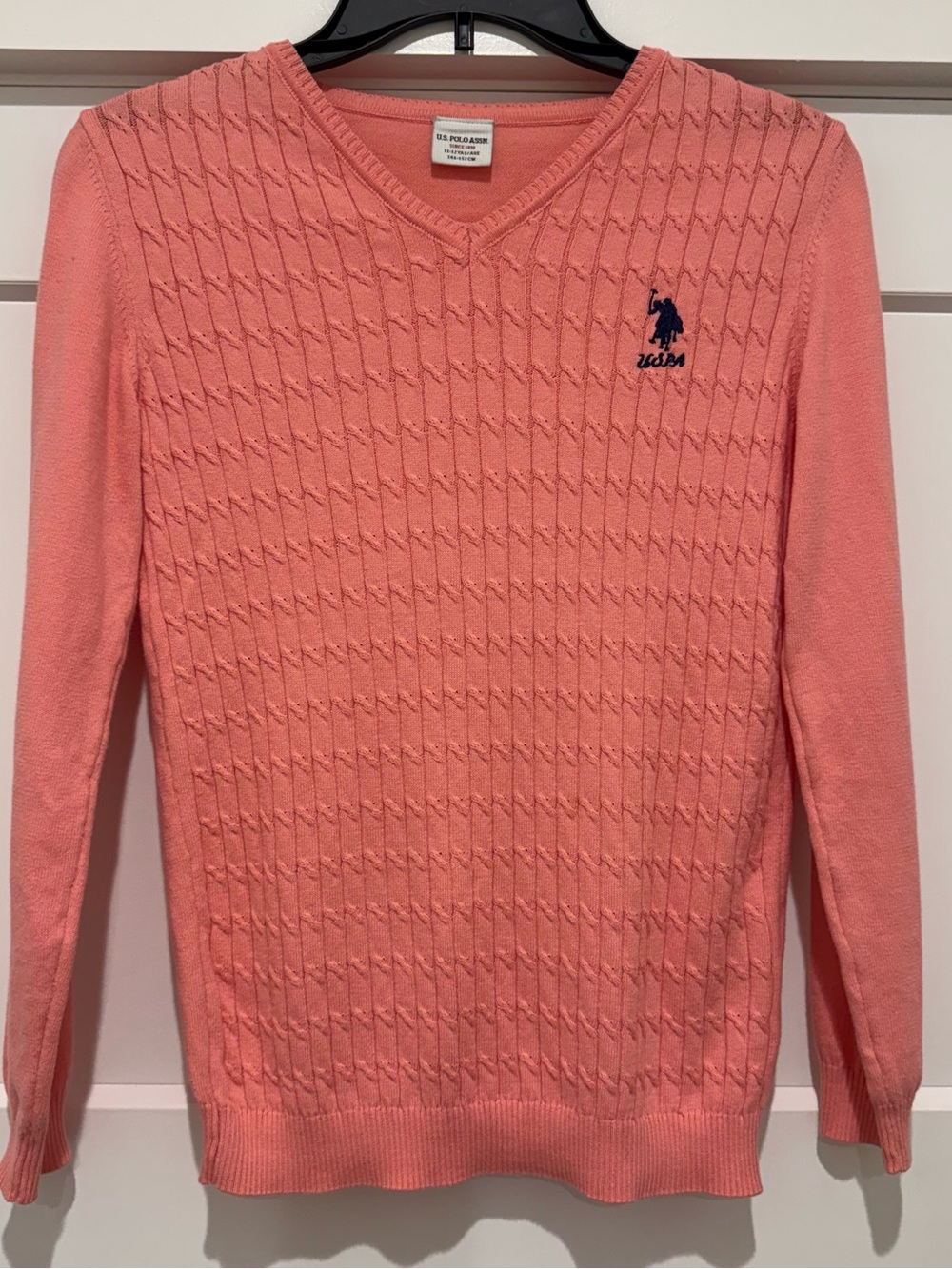 U.S. Polo Assn. Pink Cotton Cable Knit V-Neck Pullover Sweater Size 11-12